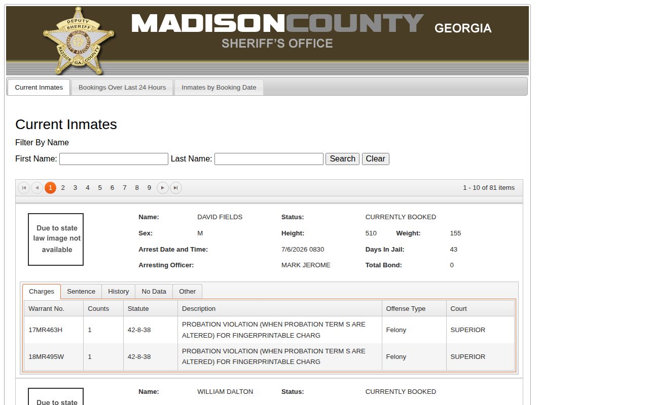 Madison County Georgia official jail roster and booking feed interface